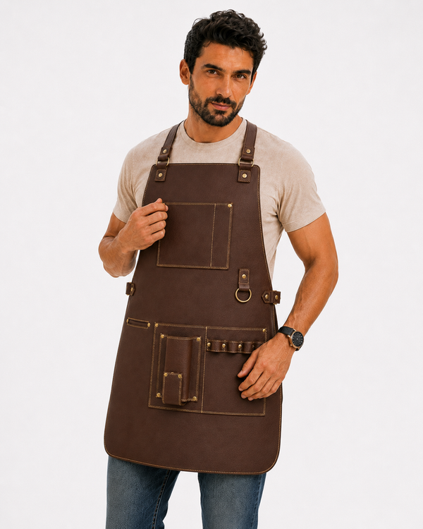 Mandil de Piel Café con Detalles en Oro — Parrillero y Chef