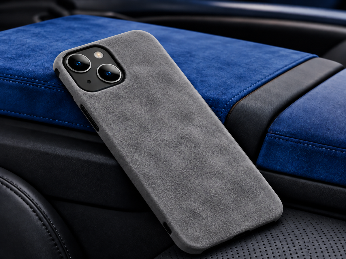 Alcántara sintética gris: funda de celular de alcántara sintética
