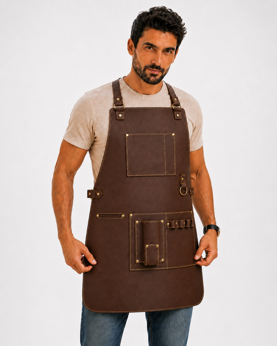 Mandil de Piel Café con Detalles en Oro — Parrillero y Chef