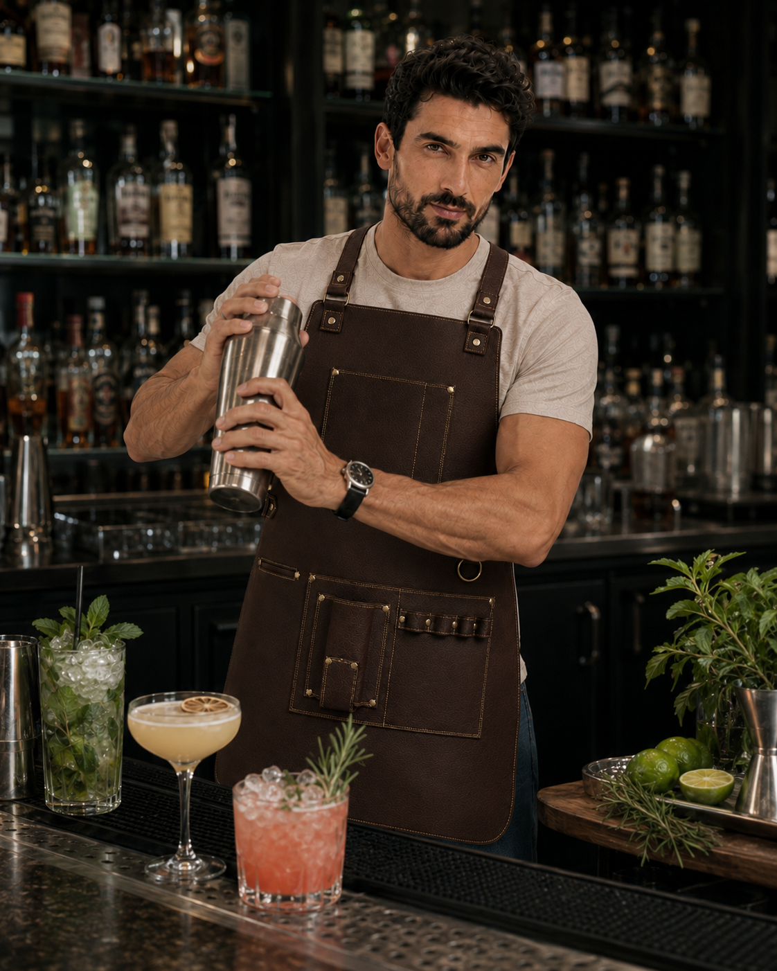 Mandil de Piel Café con Detalles en Oro — Parrillero y Chef