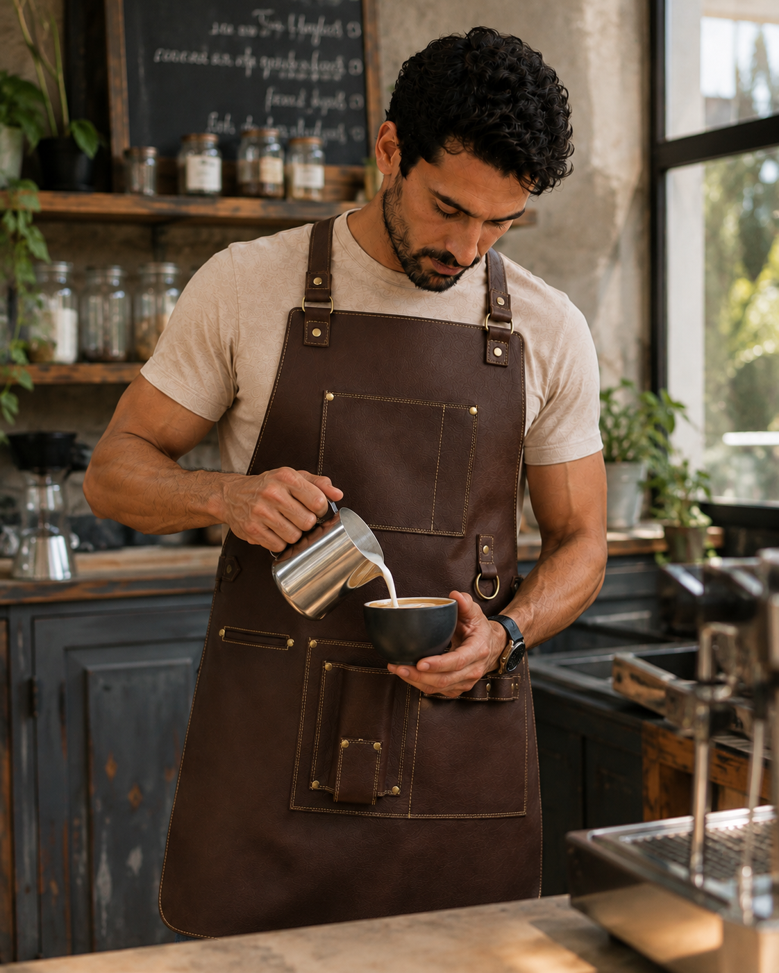 Mandil de Piel Café con Detalles en Oro — Parrillero y Chef