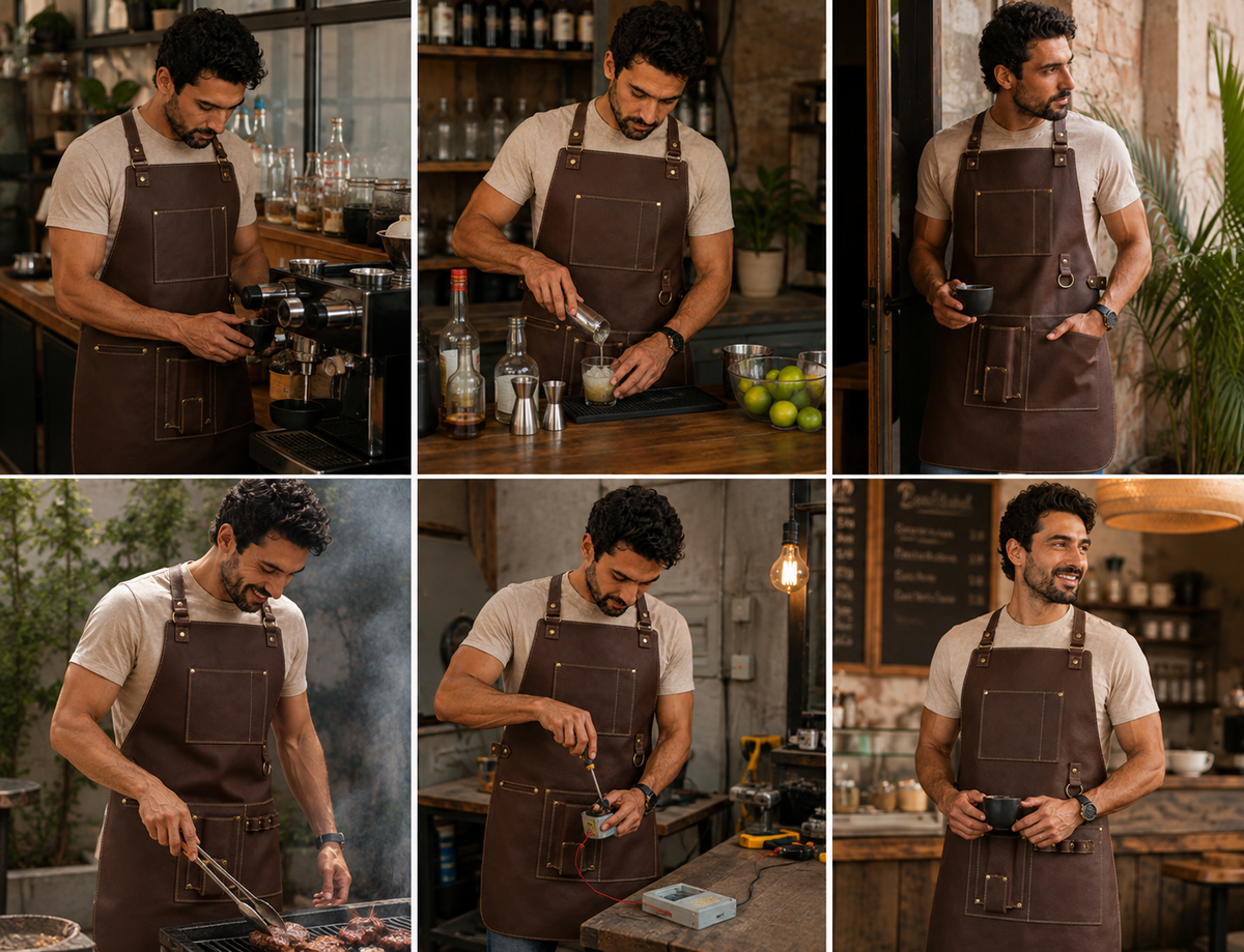 Mandil de Piel Café con Detalles en Oro — Parrillero y Chef