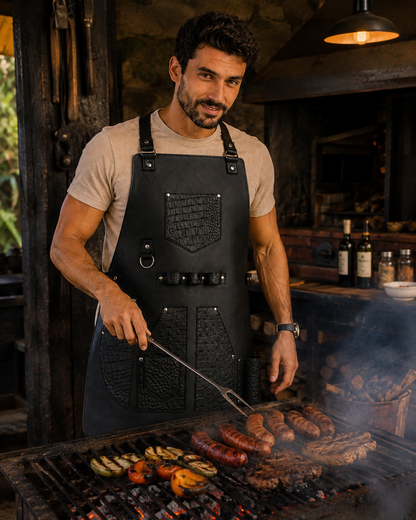 Mandil de Piel Negro con Grabado Cocodrilo — Parrillero y Chef