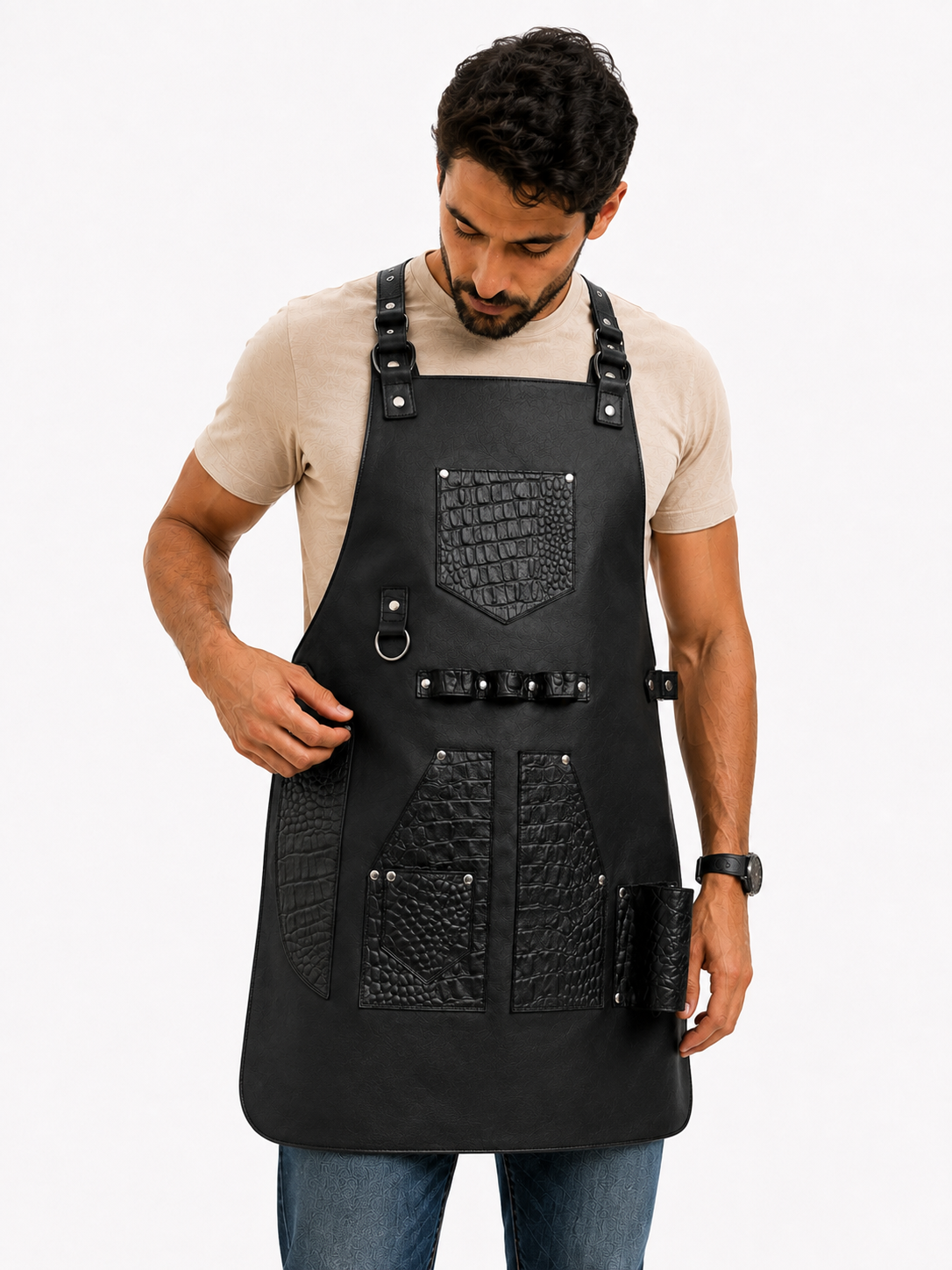 Mandil de Piel Negro con Grabado Cocodrilo — Parrillero y Chef
