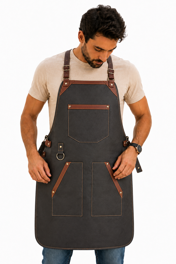 Mandil Elegante Negro con Detalles Café — Acabados Premium