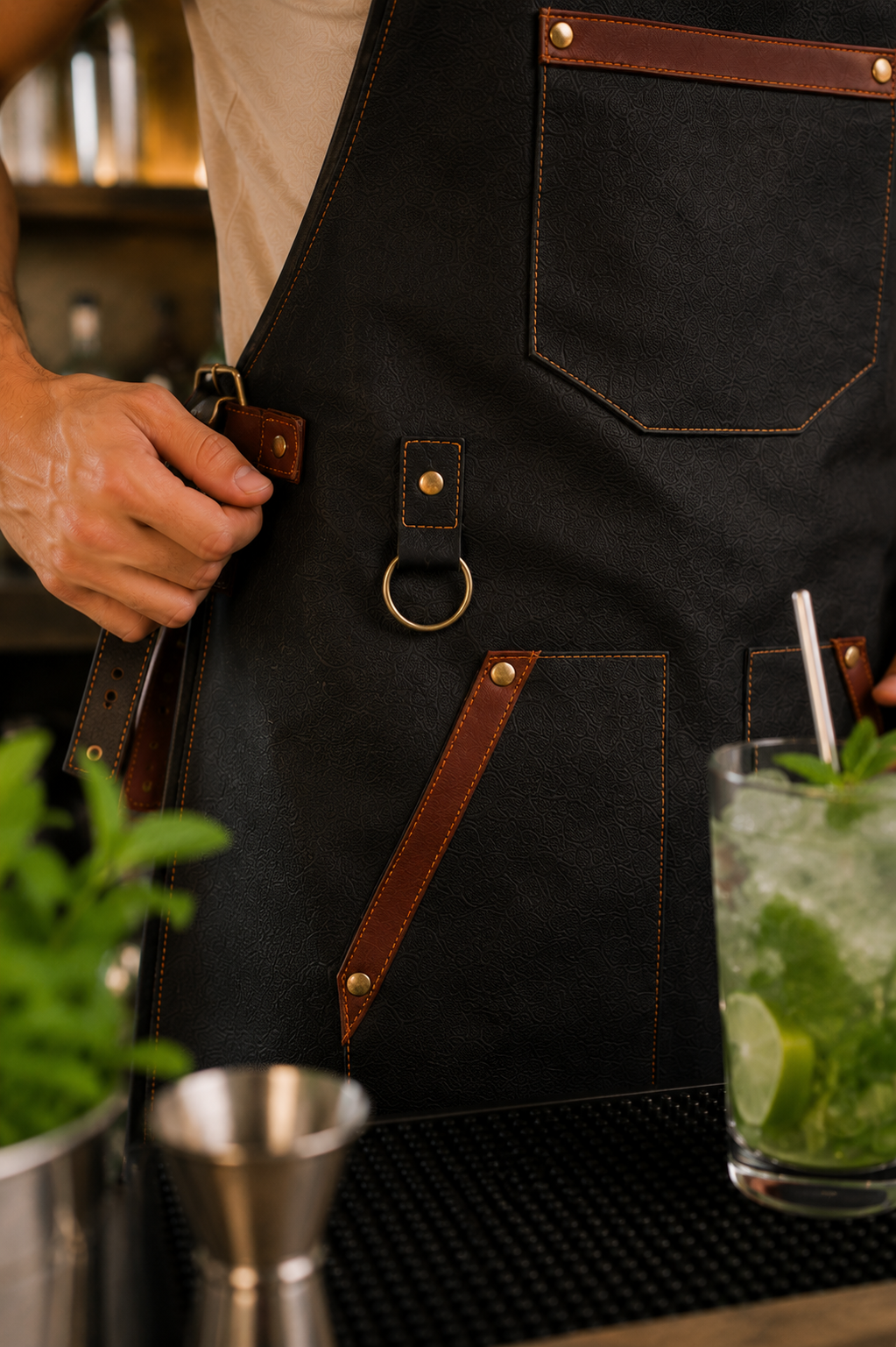 Mandil Elegante Negro con Detalles Café — Acabados Premium