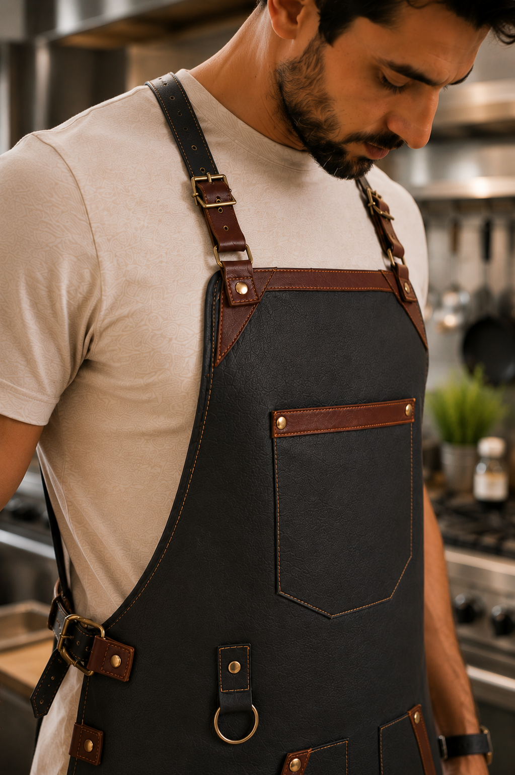 Mandil Elegante Negro con Detalles Café — Acabados Premium