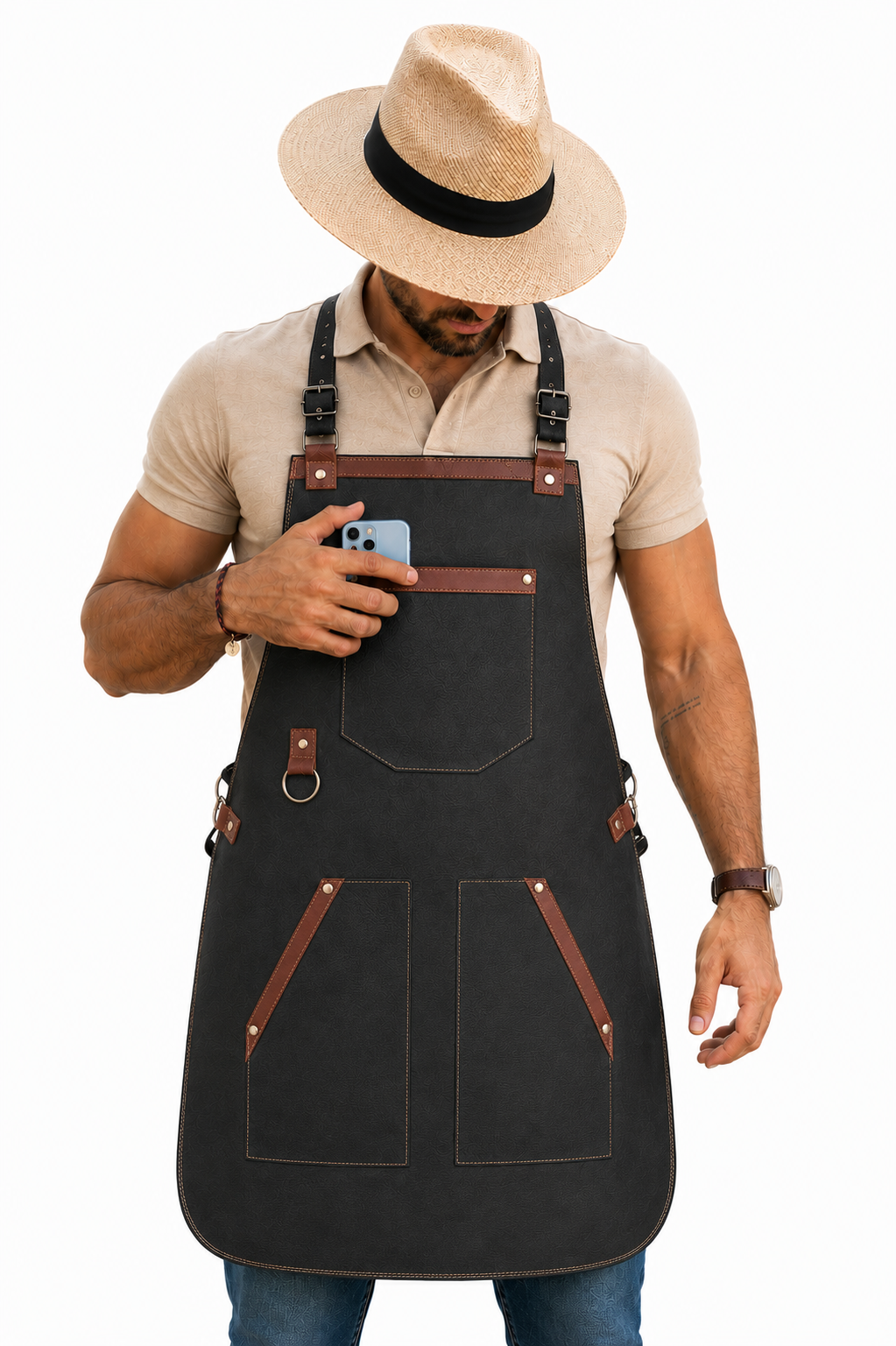 Mandil Elegante Negro con Detalles Café — Acabados Premium