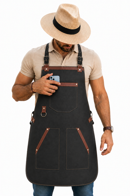 Mandil Elegante Negro con Detalles Café — Acabados Premium