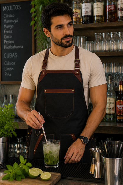 Mandil Elegante Negro con Detalles Café — Acabados Premium