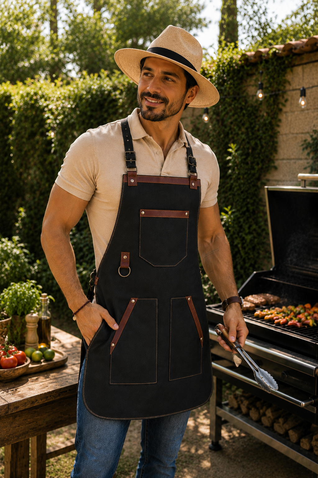Mandil Elegante Negro con Detalles Café — Acabados Premium