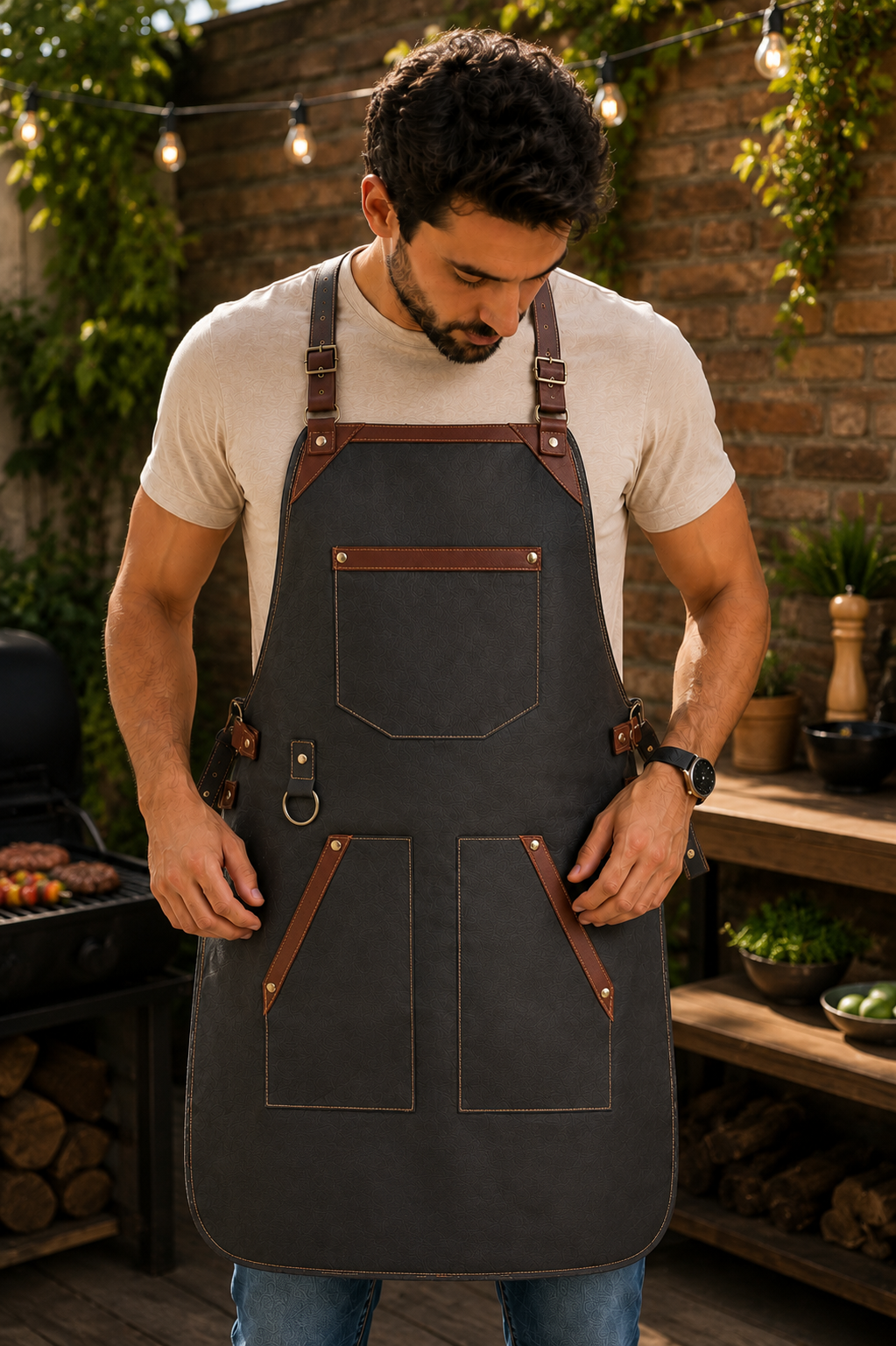 Mandil Elegante Negro con Detalles Café — Acabados Premium