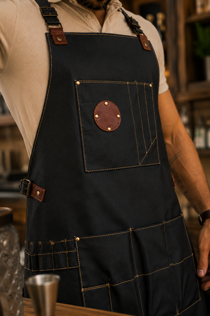 Mandil Negro Multiusos con Detalles Café — Parrilla y Herramienta