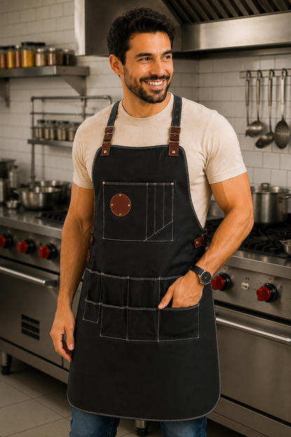 Mandil Negro Multiusos con Detalles Café — Parrilla y Herramienta